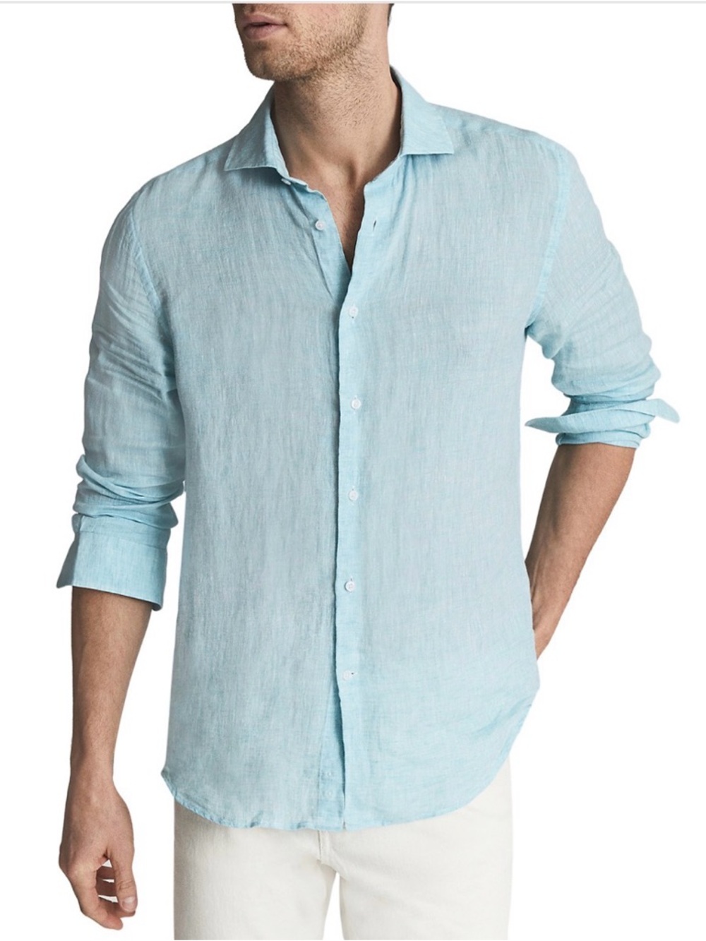 NEW Men's Reiss Ruban Blue Linen Button-Up Shirt